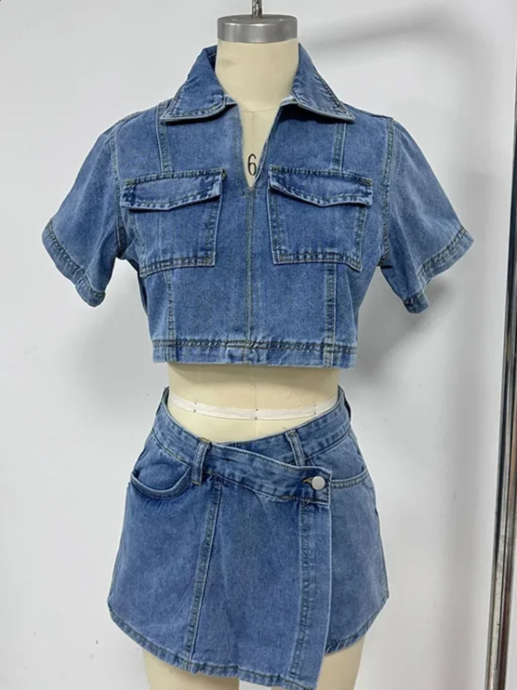 Street Denim Hem Mini Skirt Set Women Lapel Loose Short Sleeve Cropped Tops Irregular Shorts Suit 2025 Y2k Solid Outfits 250411