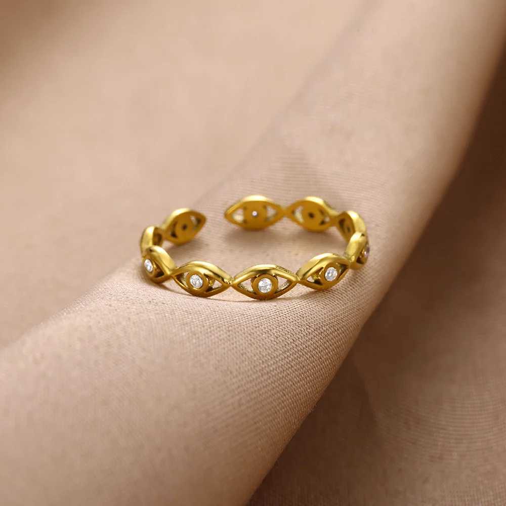 Green Zircon Evil Eye Ring Womens Stainless Steel Gold Geometric Open Ring New Waterproof Fashion Jewelry GiftXJ250412