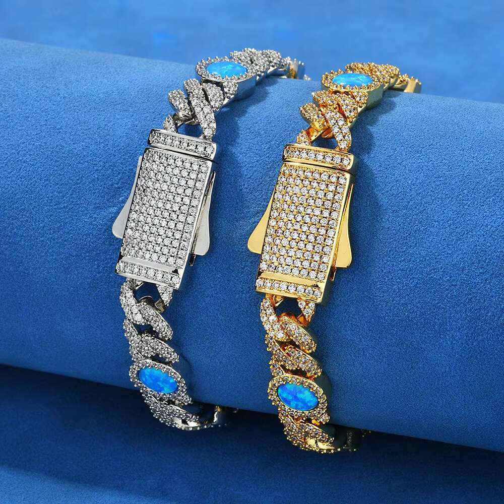 S925 Silver Moissanite Blue Gemstone Cuban Chain Opal Mens Bracelet Custom Jewelry - view 3