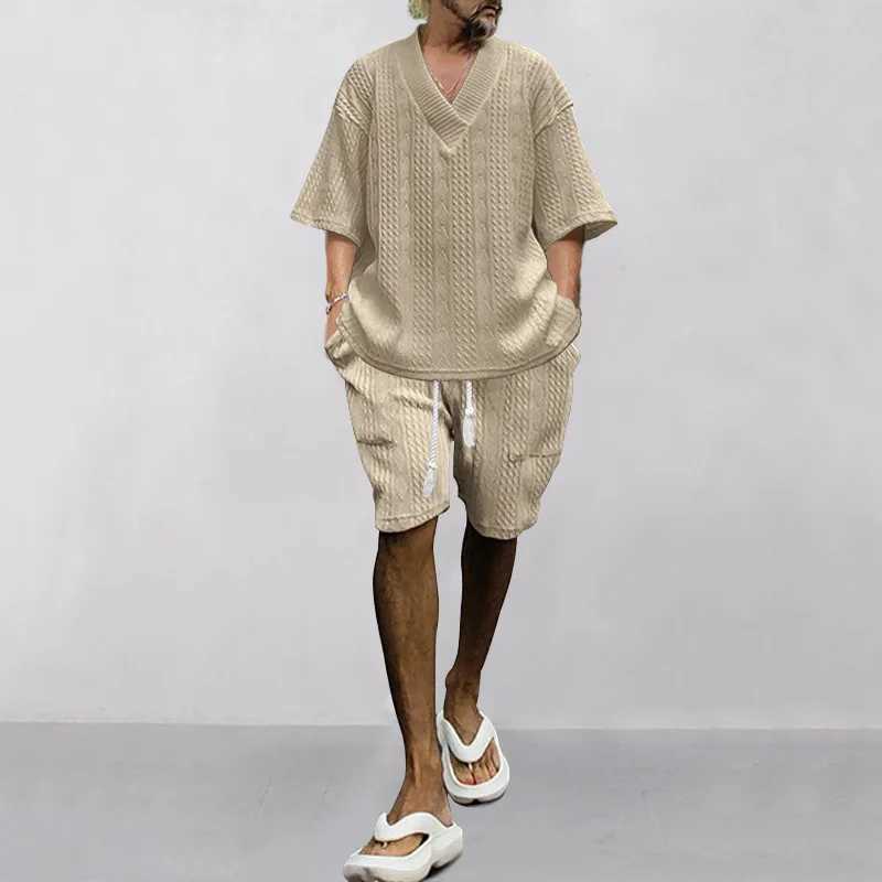 New casual loose one seventh sleeve jacquard V-neck top mens beach vacation set European size 2-piece setXJ250412