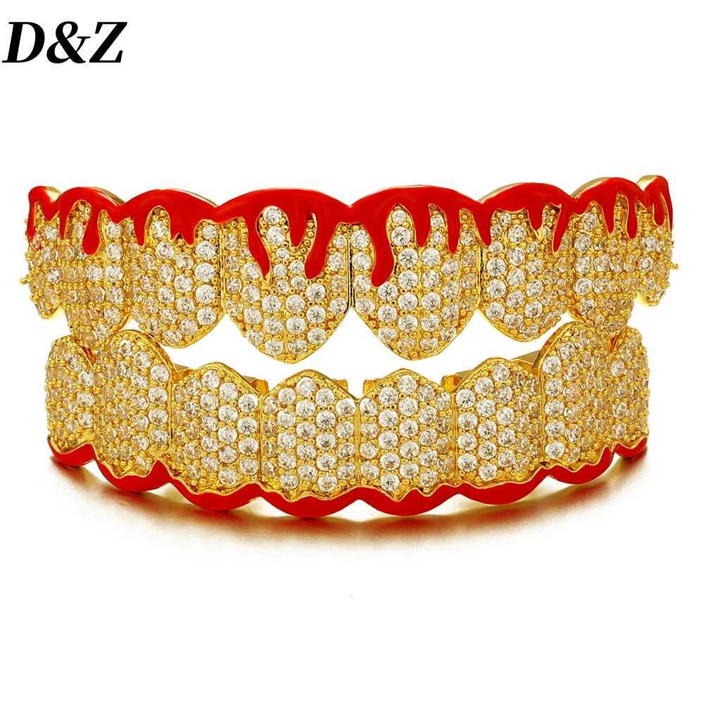 D Z Hip Pop Sparkling Cubic Zircon Blood Teeth Grilz Set for Neutral Top Bottom Oral Gold Silver Removable Dental Jewelry W250412
