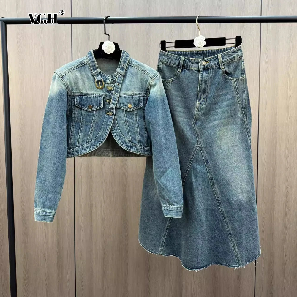VGH Spliced Denim Two Piece Sets For Women Stand Collar Long Sleeeve Short Top High Waist Back Split Skirt Vintage Suits Female 250411