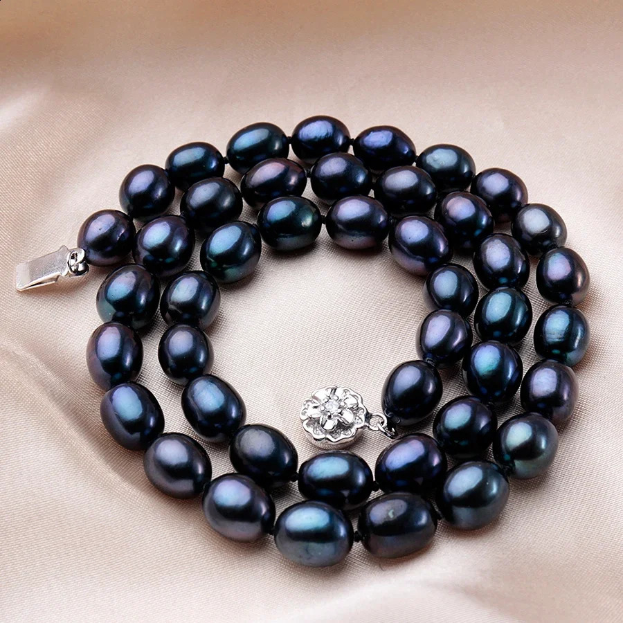 Arrival 8-9 mm Natural Freshwater Black Pearl Jewelry Necklace 925 Sterling Silver Flower Buckle Fine Jewelry For Women 250407