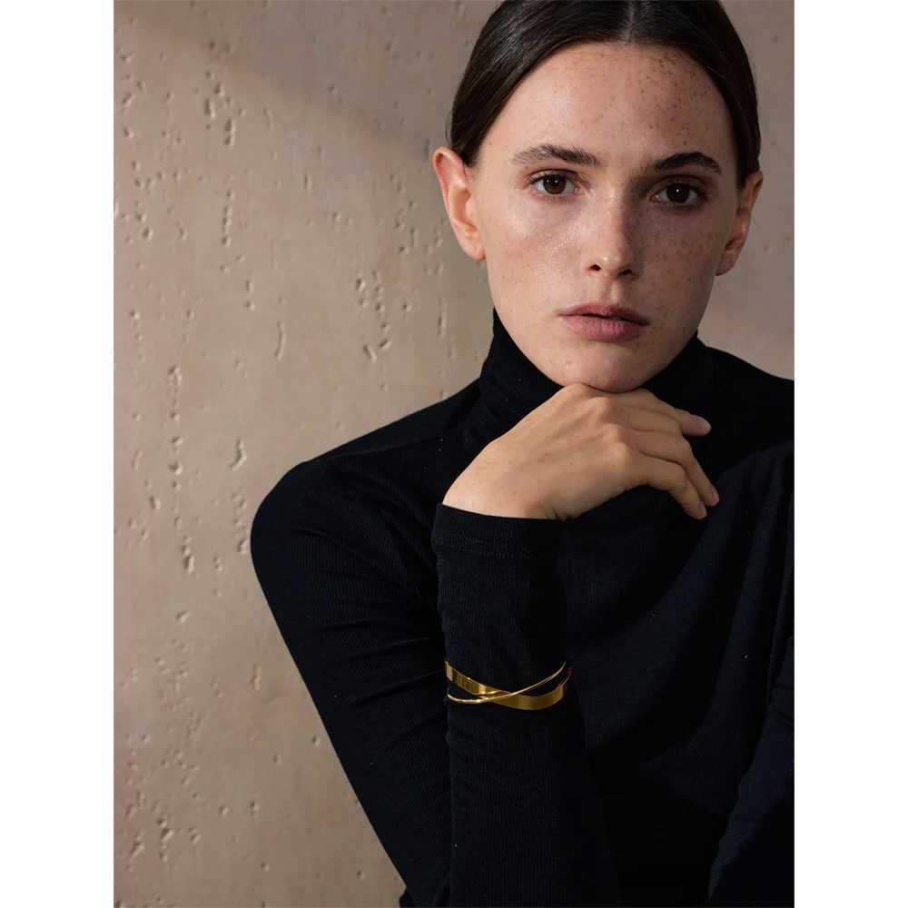 Yhpup Gold Silver Color Stainless Steel Smooth Metal Geometric Cuff Open Bracelet Bangle Waterproof Trendy High Quality JewelryC250411