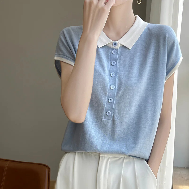 Womens T-shirts Spring/Summer Wool Knit Short Sleeve Casual Stitching Blouse Ladies Clothes Loose Tops POLO Neck Tees 250411