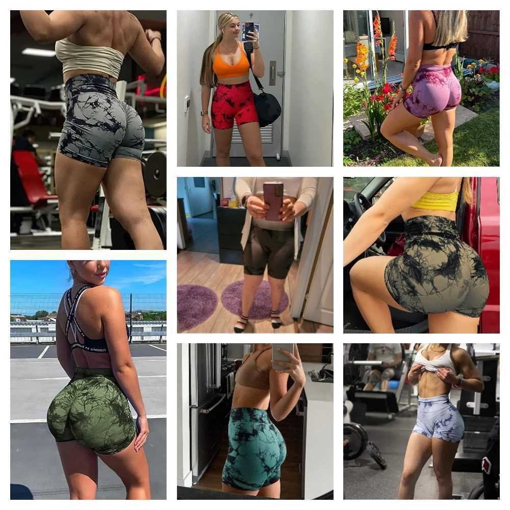 Seamless tie dye push up yoga shorts suitable for women high waisted summer fitness running cycling sports gym shorts Y250412