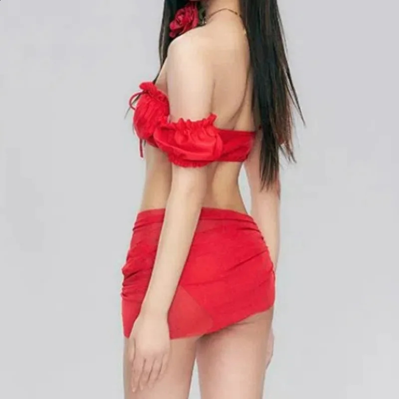 Women Sexy Ruffle Short Sleeve Swimsuit Summer Lace-up Beach Tankini Hollow Holiday Swimwear 3 Piece Bikini Set Red Bathing Suit 250411