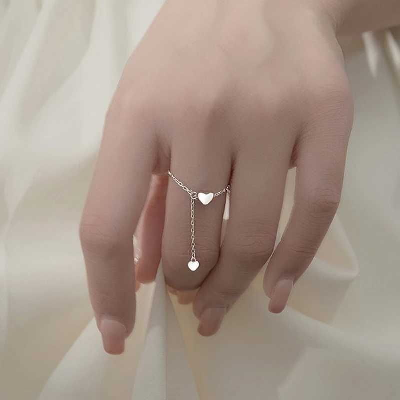 Simple heart-shaped tassel adjustable ring silver chain pendant ring romantic ring female finger jewelryXJ250412