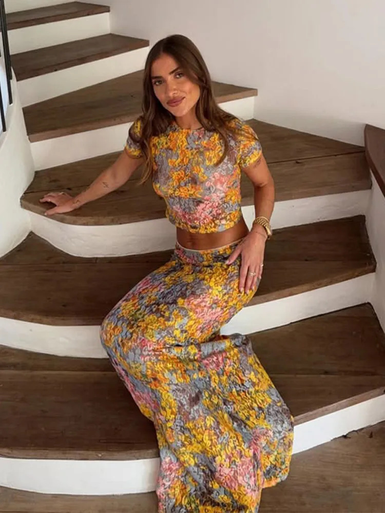 Women Sexy Lace Printed See Through Vest Sets Fashion High Waist Slim Fit Long Skirt Set Lady Spring Beach Party Outfit 2025 250411