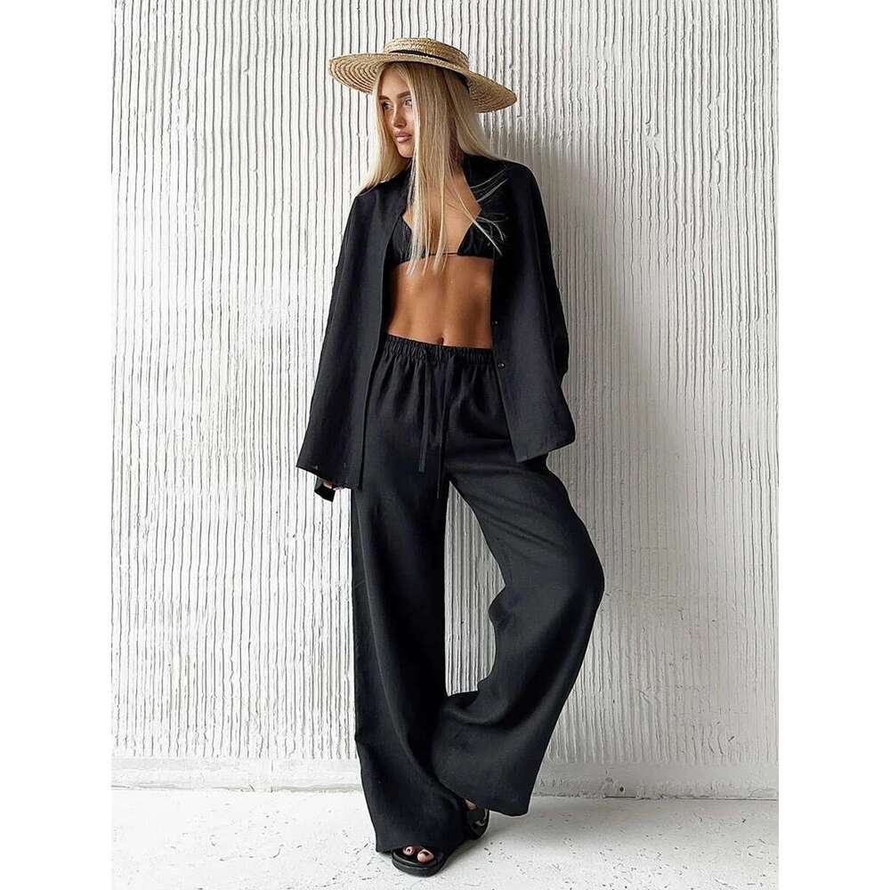 Designer Clothes Wolfeel Casual Shirt Sets 100% Cotton Women's Solid Color Cozy Lapel Long Sleeve Summer Outfit Elastic Waist Pants Suits