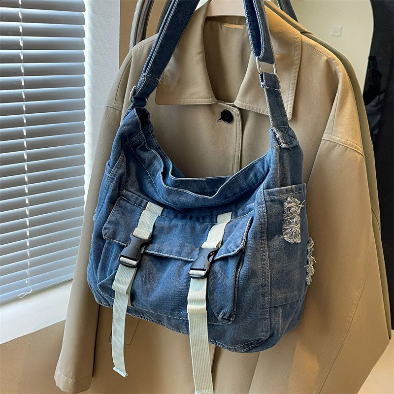 Large capacity denim messenger bag womens cross body bag student shoulder handbag 250411