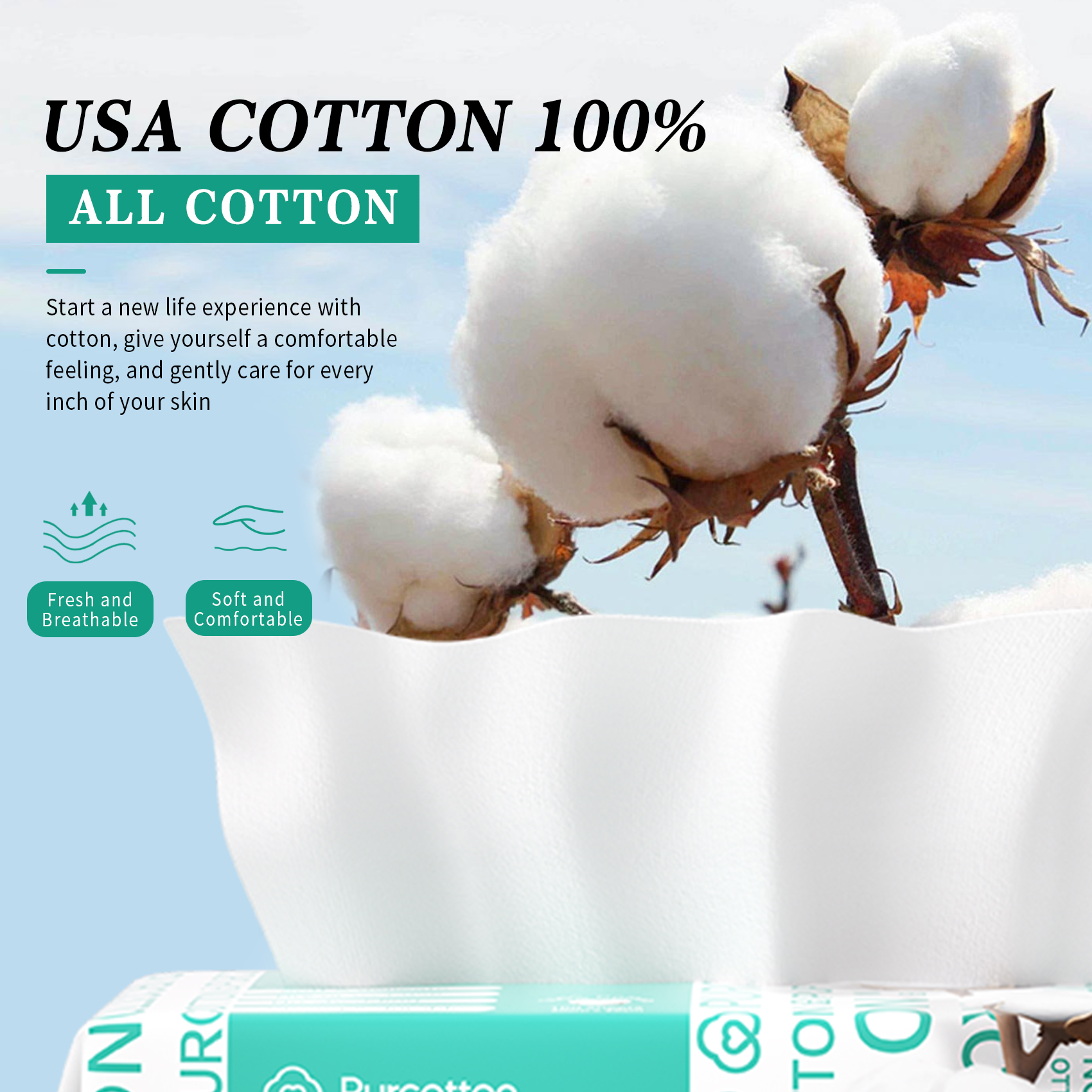 Hypoallergenic 100% USA Cotton Soft Face Towels - 300 Unscented Disposable Tissues for Sensitive Skin & Makeup Removal, 48 Pack