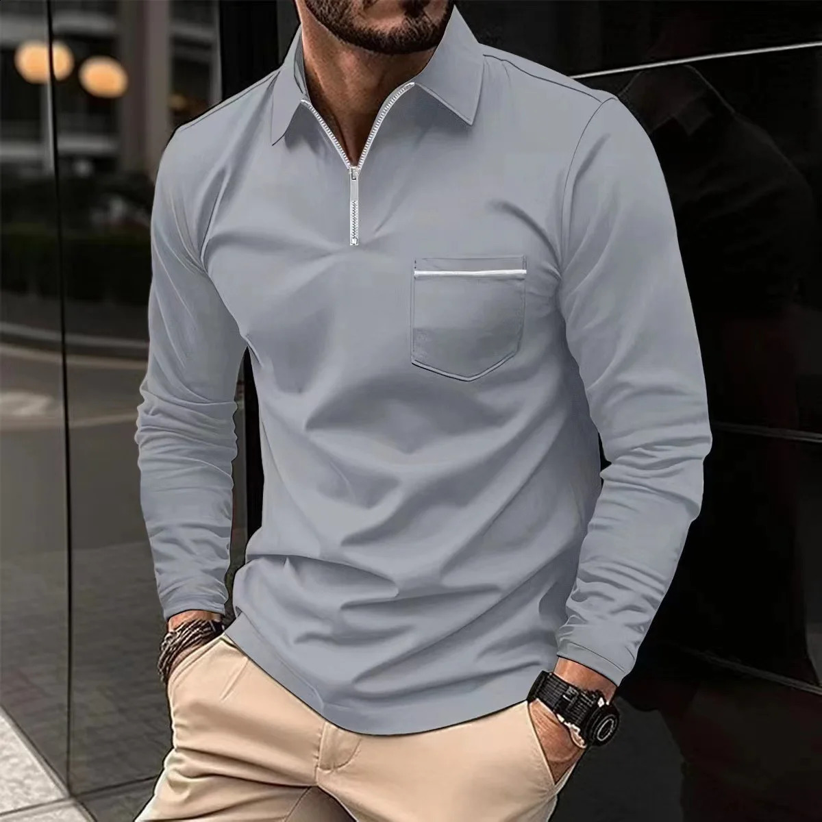 2024 Spring Autumn Solid Color Long Sleeve Polo Shirt Zipper Pocket Lapel Mens Casual Sports Long Sleeve Top Men 250409