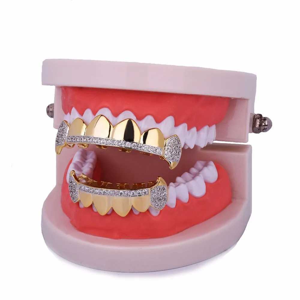 Bubble Letter Hip Hop Grilz Teeth Ice Zircon Square Mouth Tooth Cap Top and Bottom Teeth Set Female Vampire Fashion Jewelry W250412