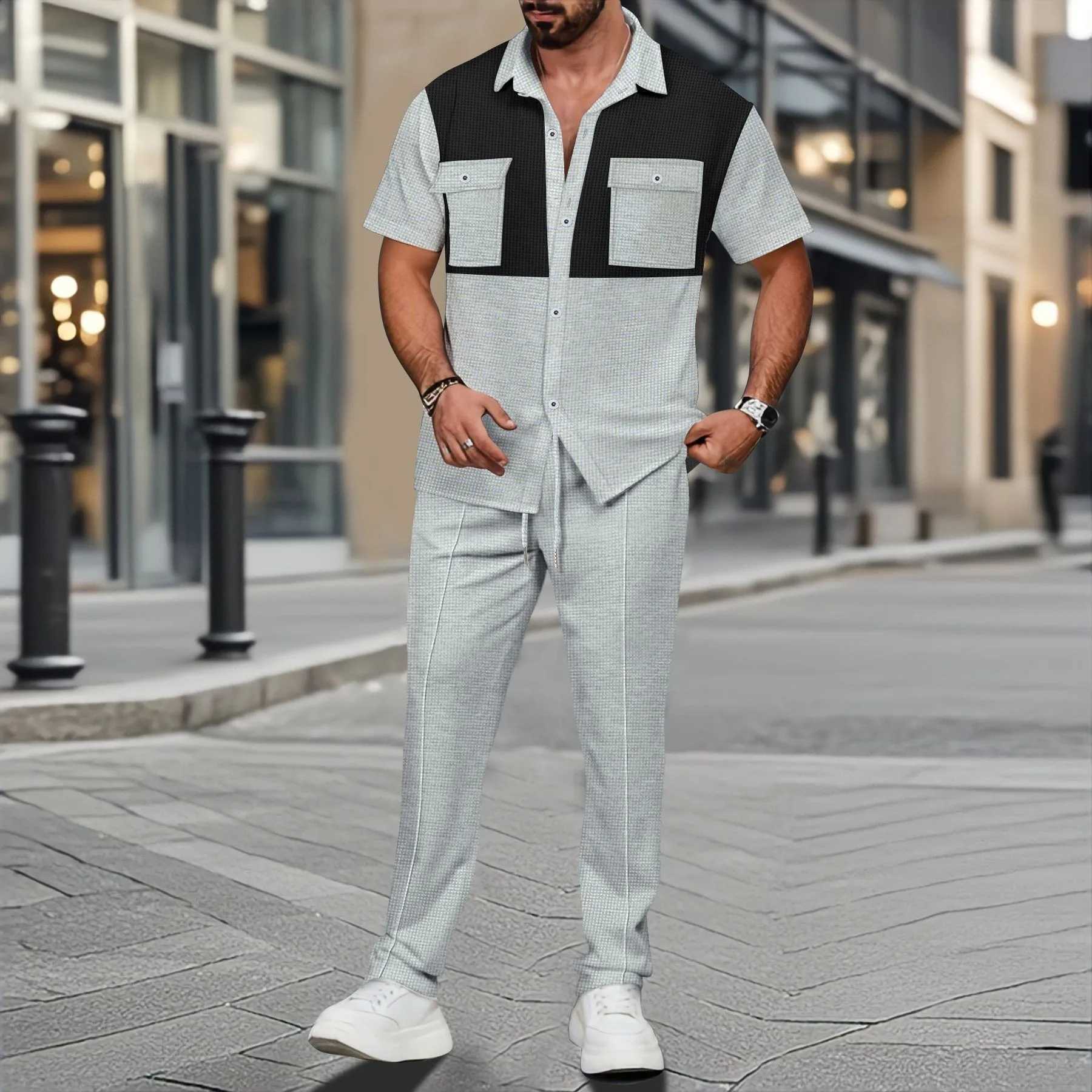2018 new waffle biscuit summer comfortable casual shirt paired with color double pocket short sleeved cardigan two setsXJ250412