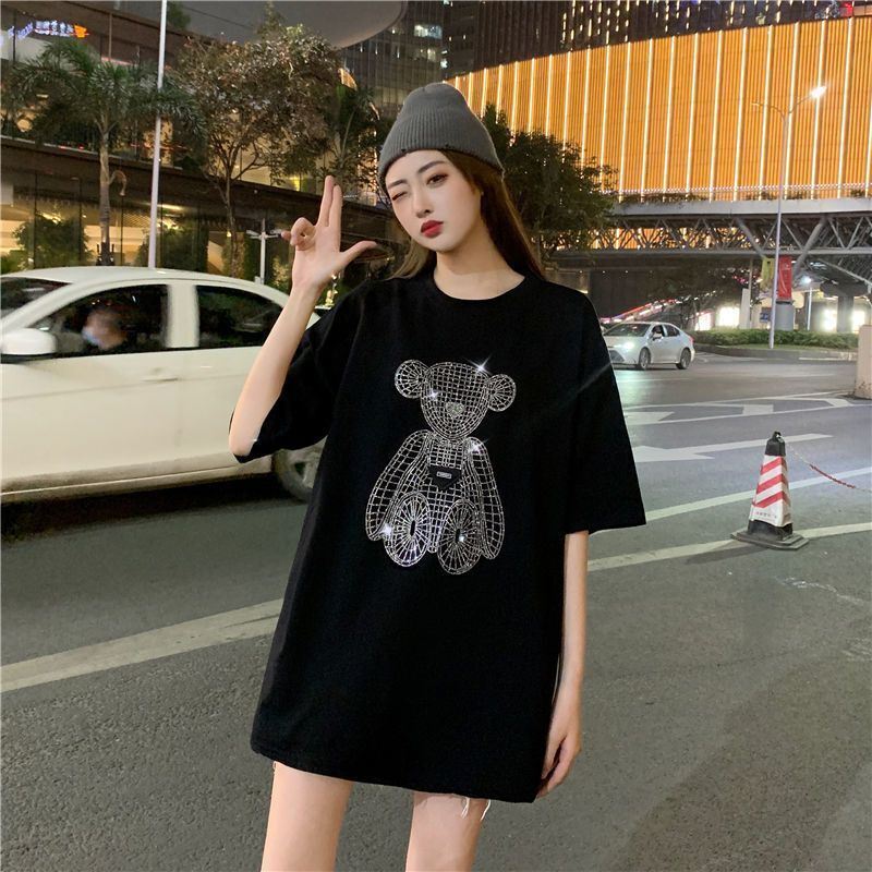 Designer 2025 Women's Heavy Industry Popular Diamond Bear Short Sleeve T-shirt Fashion Summer Black Loose Design High End Women's Top Street