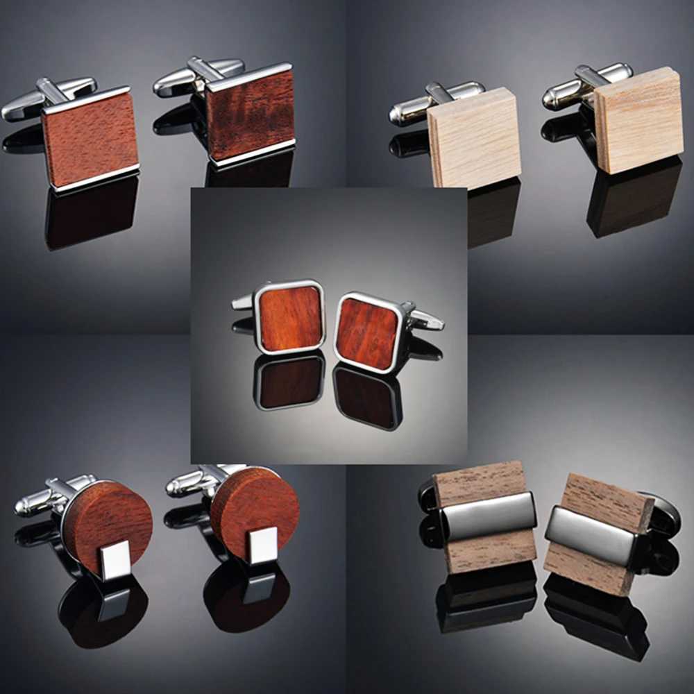 Square wooden cufflinks suitable for high-end mens French business cufflinks with solid wood patterns and customized French sleeve studsT250412