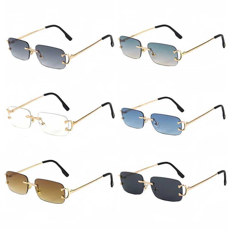HBK Retro Rimless Sunglasses For Women Men Small Square Gold Frame Brand Design Tea Shades Rectangle UV400 Zonnebril EyewearC250411
