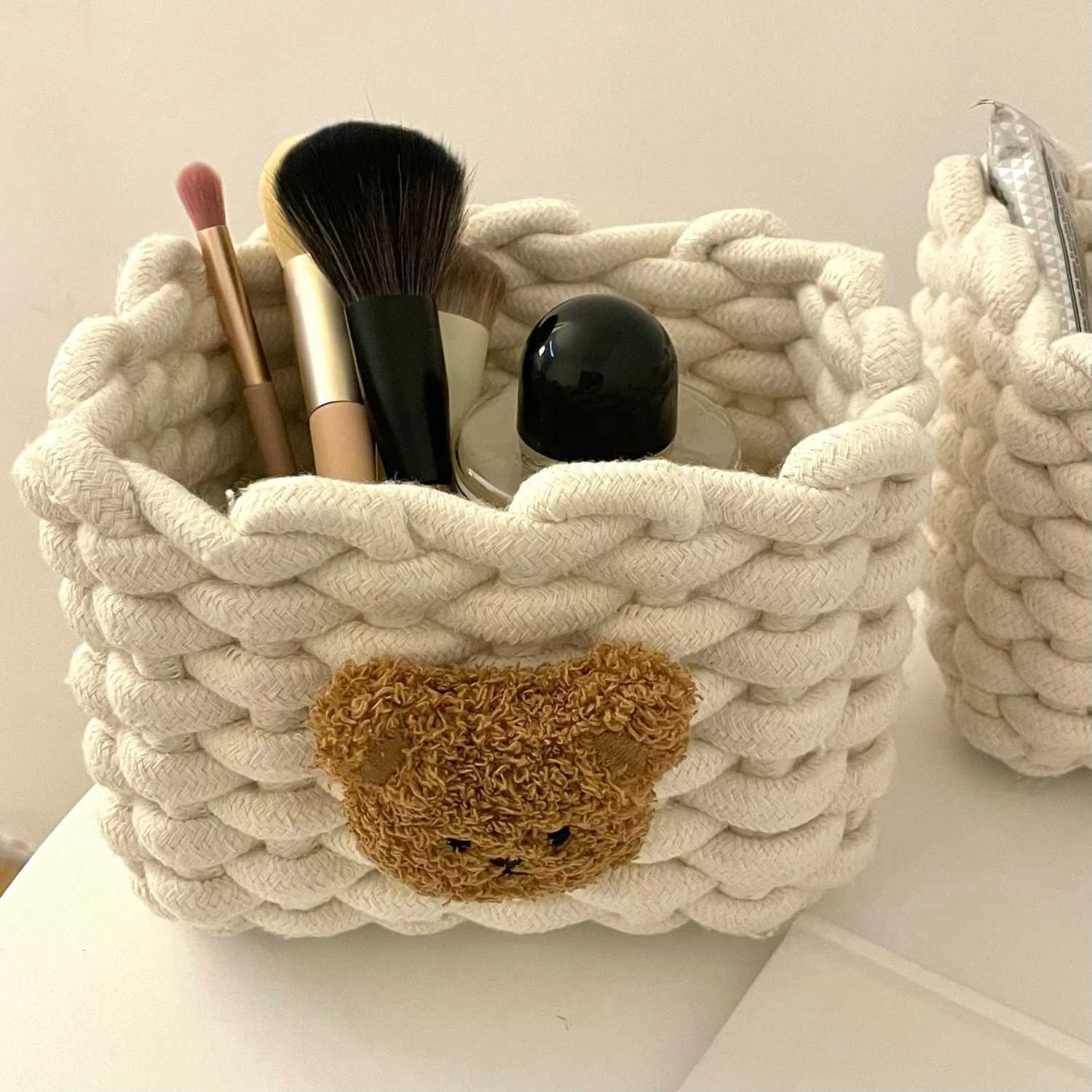 Ins Simple Fashion Bear Cotton Linen Woven Basket Desktop Storage Box and Sundries Storage Basket for He Dormitory Y251112