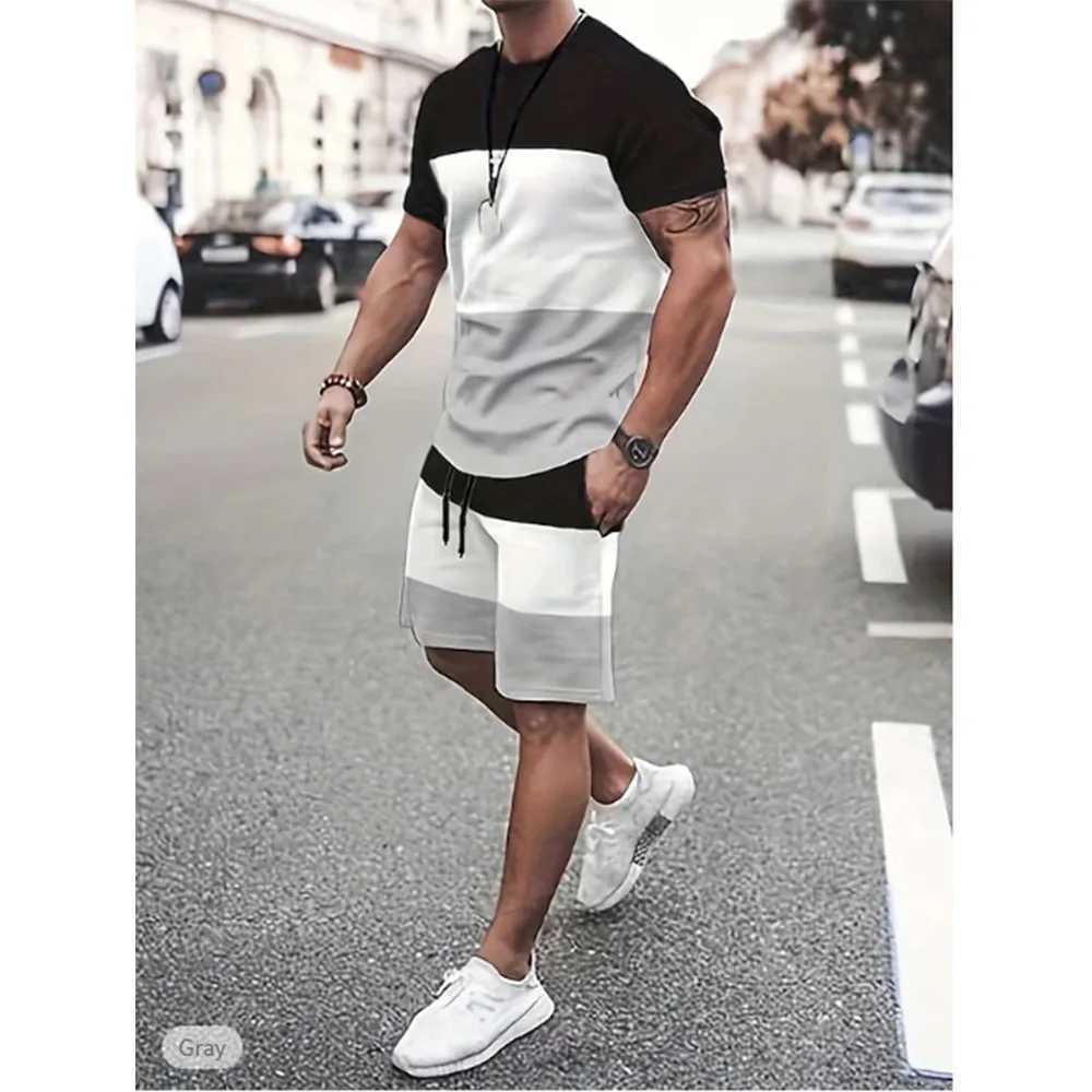 Mens T-shirt set track shorts and T-shirt set colored building blocks crew collar vacation short sleeves 2-piece clothing setXJ250412