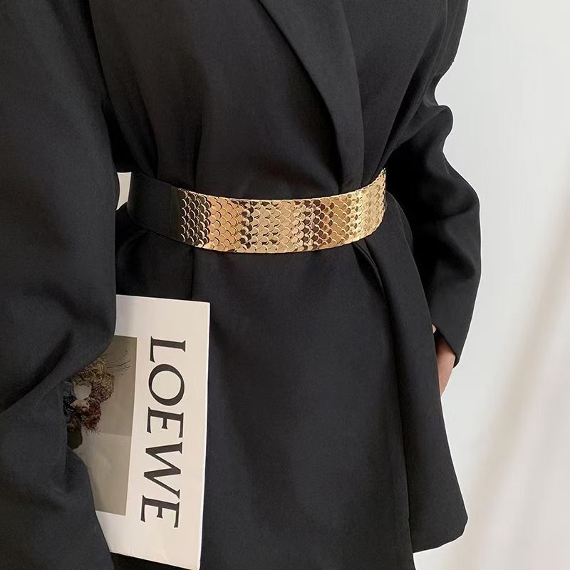 Fashionable waist seal, women's wide waistband, personalized metal fish scale decoration dress with versatile coat, elastic belt