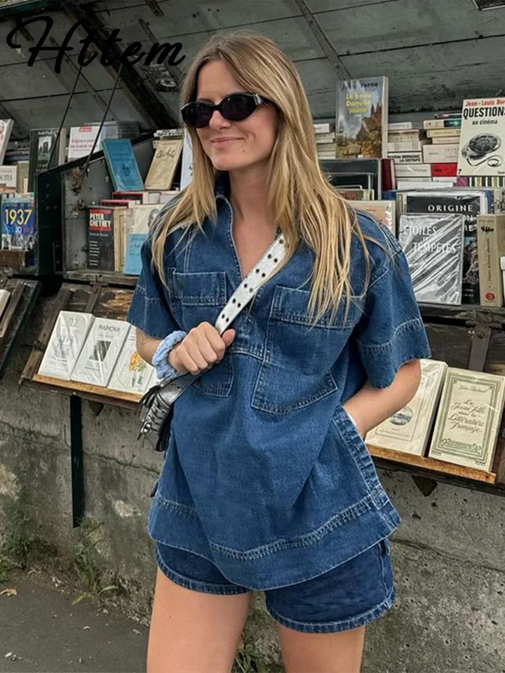 Street Denim Shirt Skirt Set Women Loose V-neck Short Sleeve Pocket Shirts Asymmetric Mini Skirts 2025 Spring Lady Outfits 250411