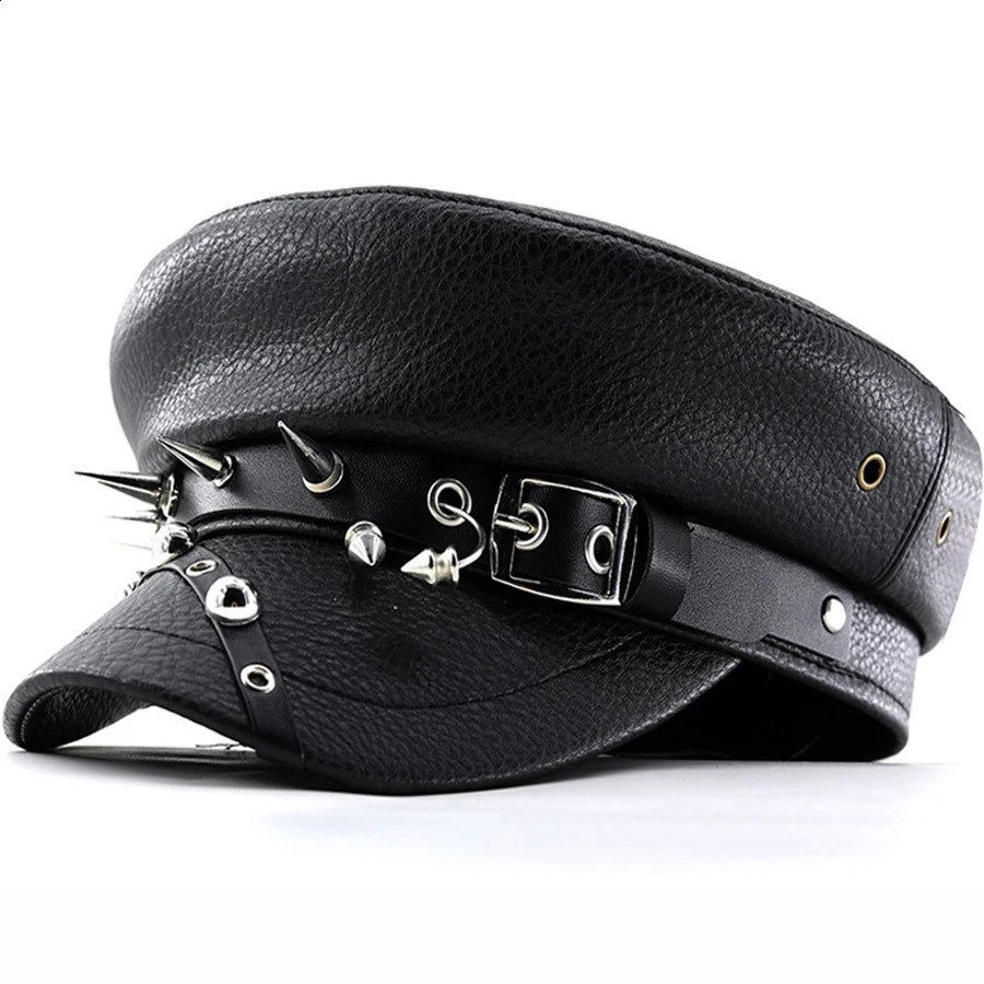 Womens Trendy Beret Black Pu Leather Flat Top Captain Military Caps Womens Accessories 250403