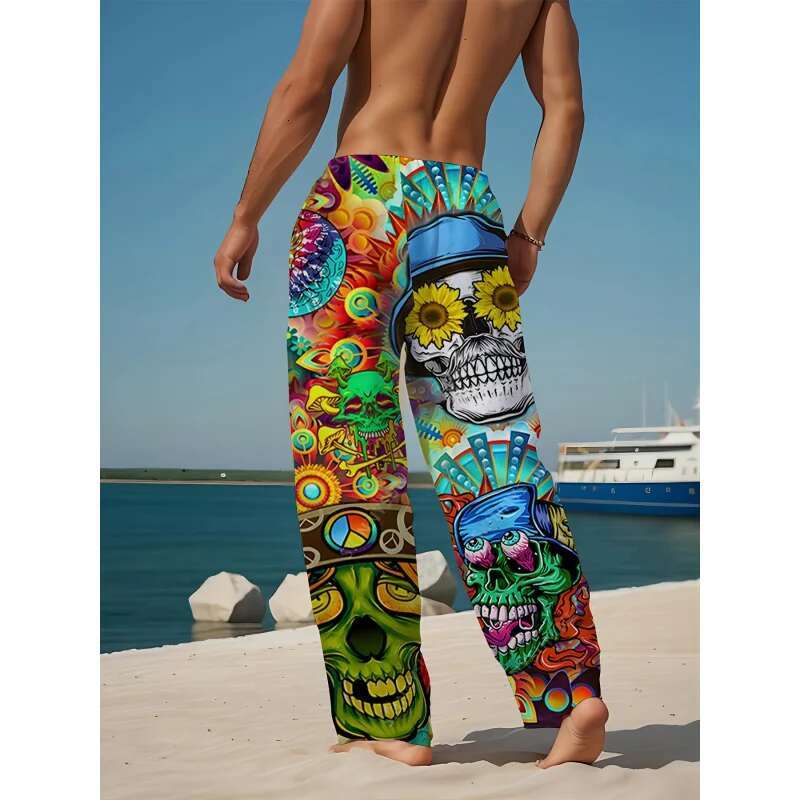 Men'S Summer Fashion Casual Pants Comfortable Loose-Fit 3D Skull Print Polyester Trousers Suitable For Outdoor Activities