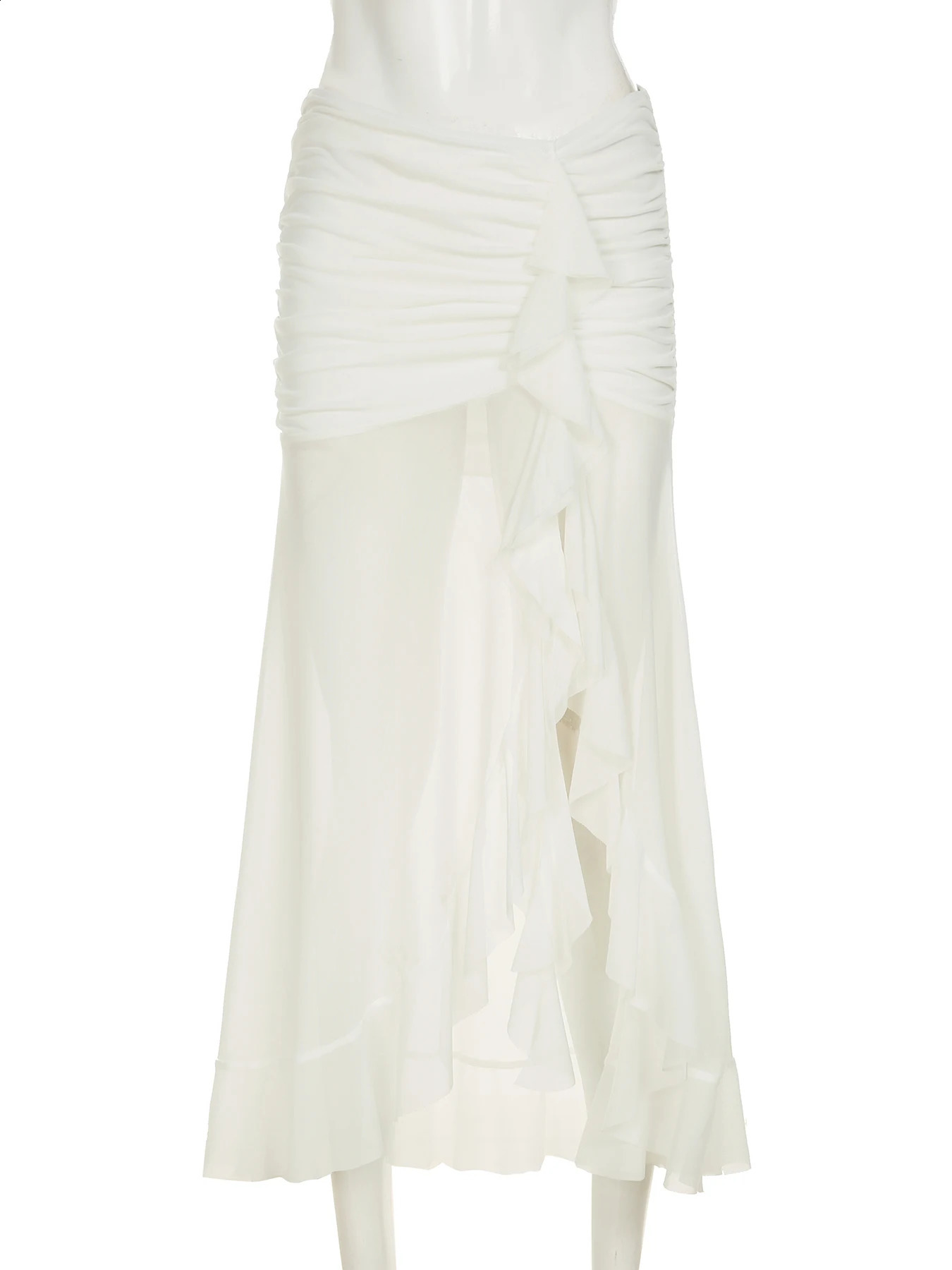 IAMSURE Holiday Ruffles Split Mesh Skirts See Through Beach Style Solid Low Waisted Maxi Skirts Women Summer Fashion Women 250408