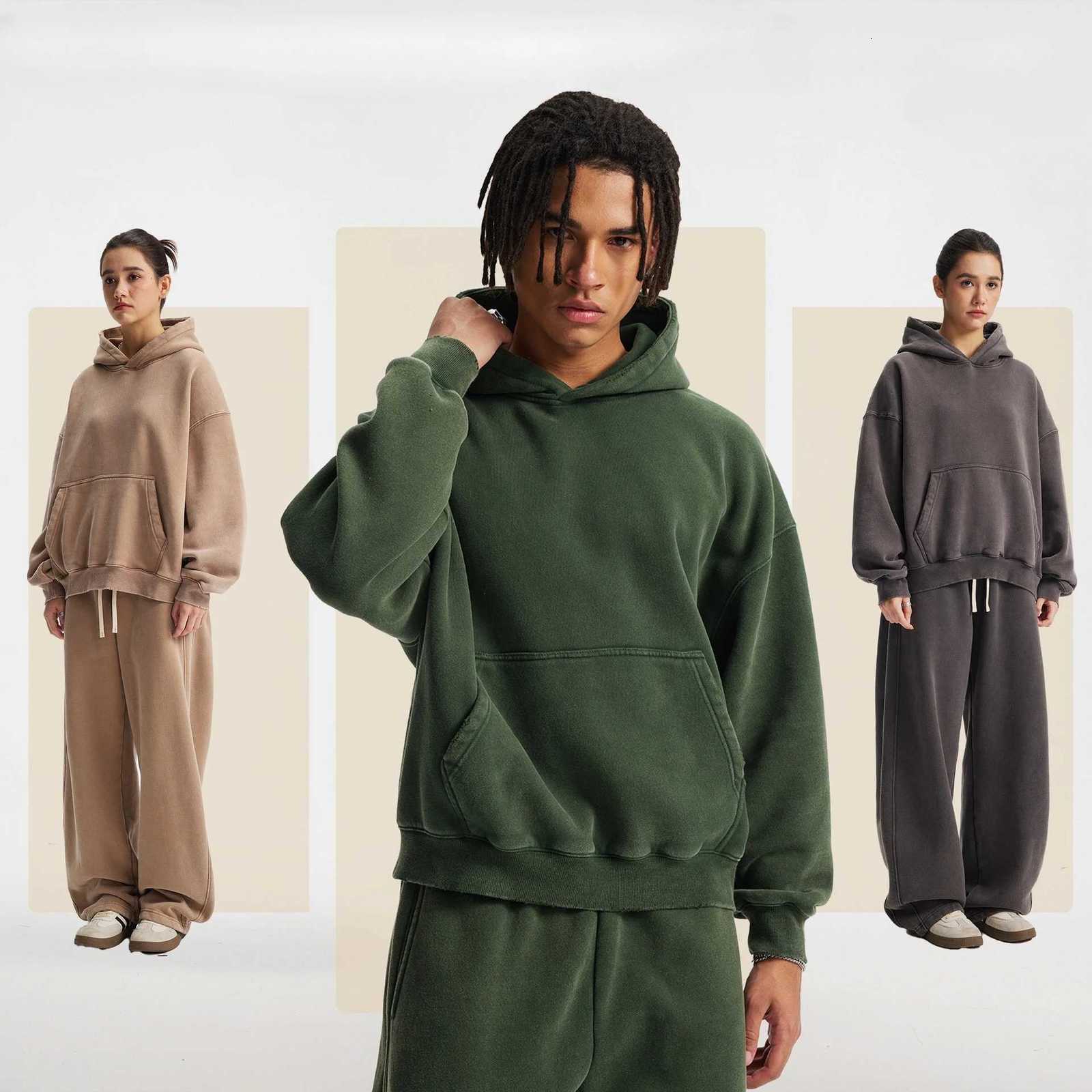POD customization Custom mens new short BOXY version 370G heavy fleece worn old hooded sweater scimitar wide leg trousers couple suitT251112