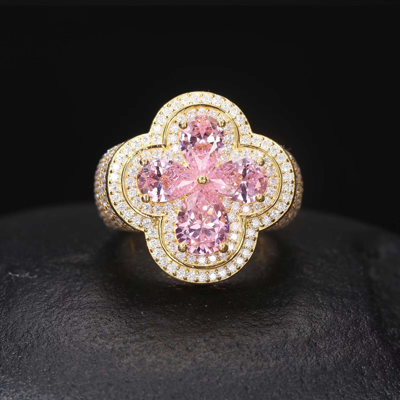 Exquisite Sterling Silver Four Leaf Moissanite Ring - Sparkling Gemstone Fine Jewelry
