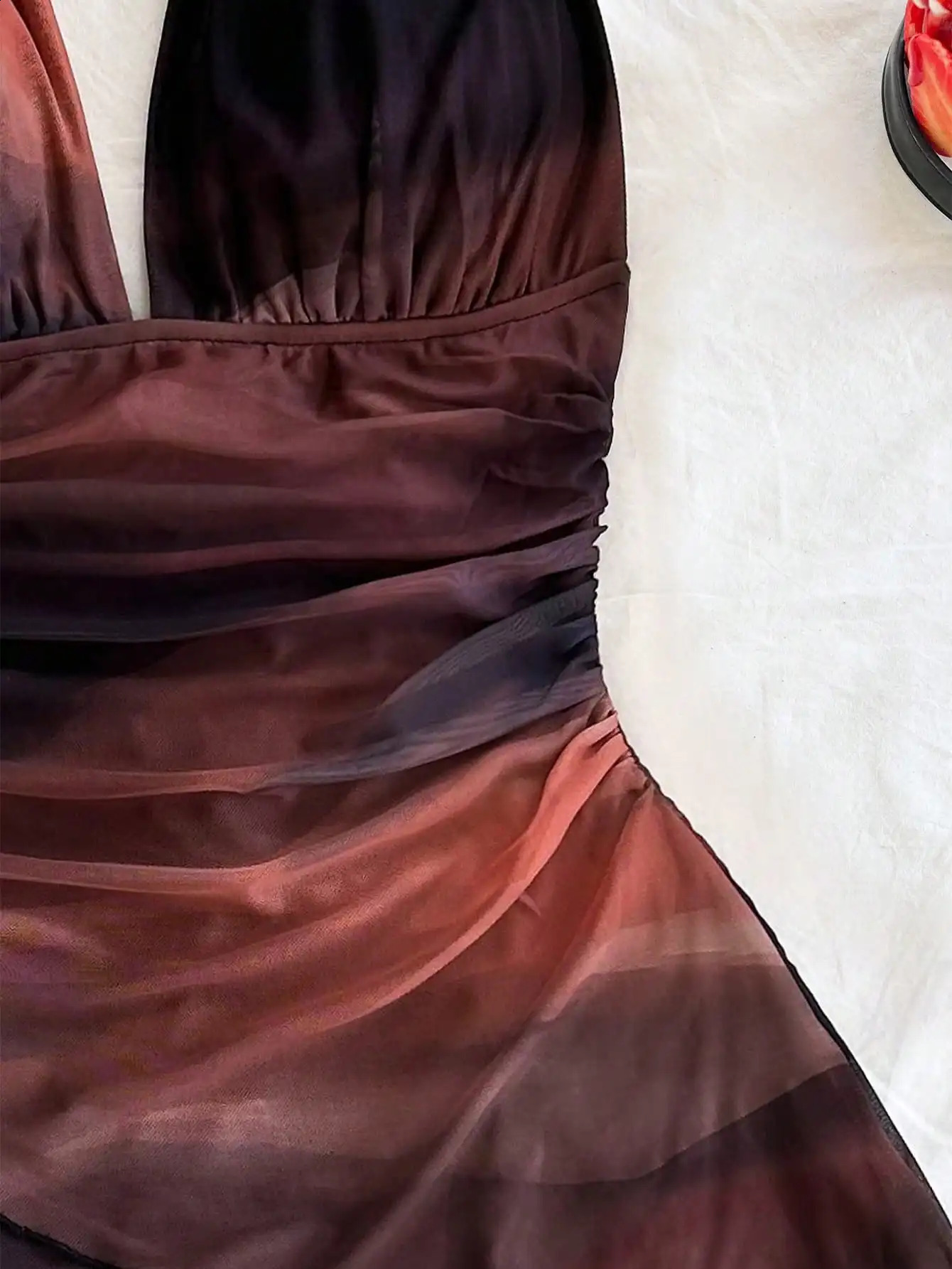 European and American Fashion Gauze Printed Collar Sleeveless Sexy Tight Deep V-Short Sexy Pure Backless Dress 250408