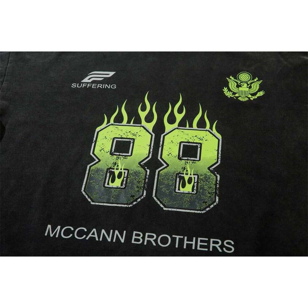 Flame Print Fake Two Pieces T-Shirt Mens Spliced Autumn High Street Washed Distressed Crew Neck Long Sleeve Loose Cotton Tee Men