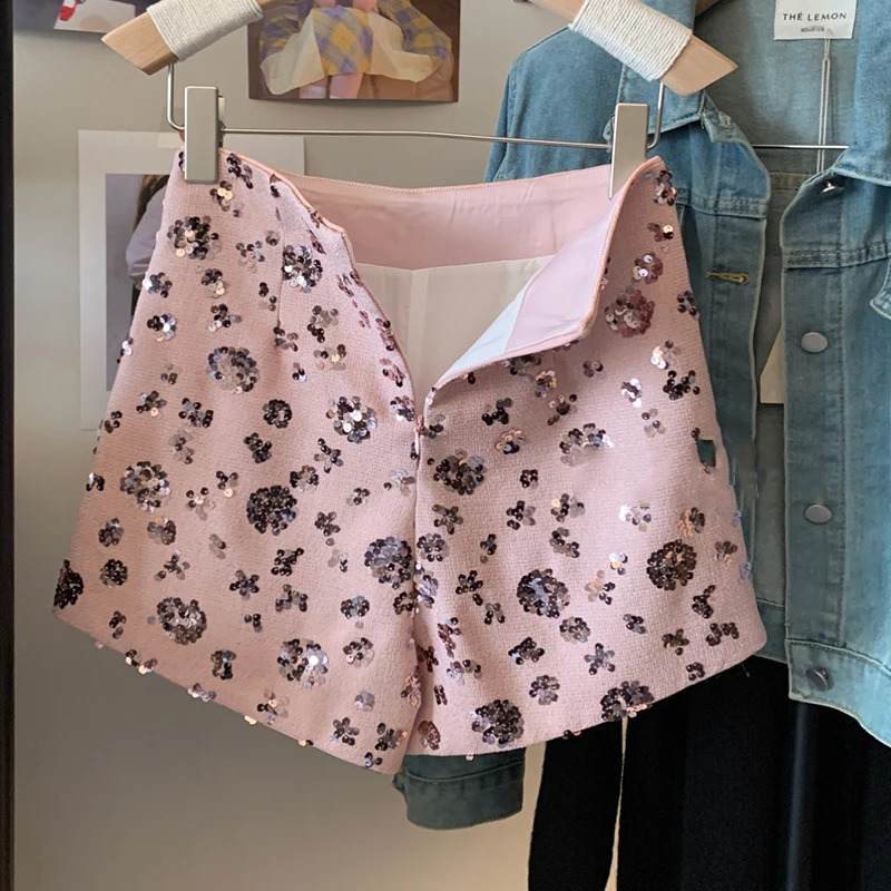 2025 Fashion Streetwear Woman Shorts Y2K Summer Booty Shiny Sequins Shorts Women Wide Leg Short Pants Femme Pink Grey Black 250411