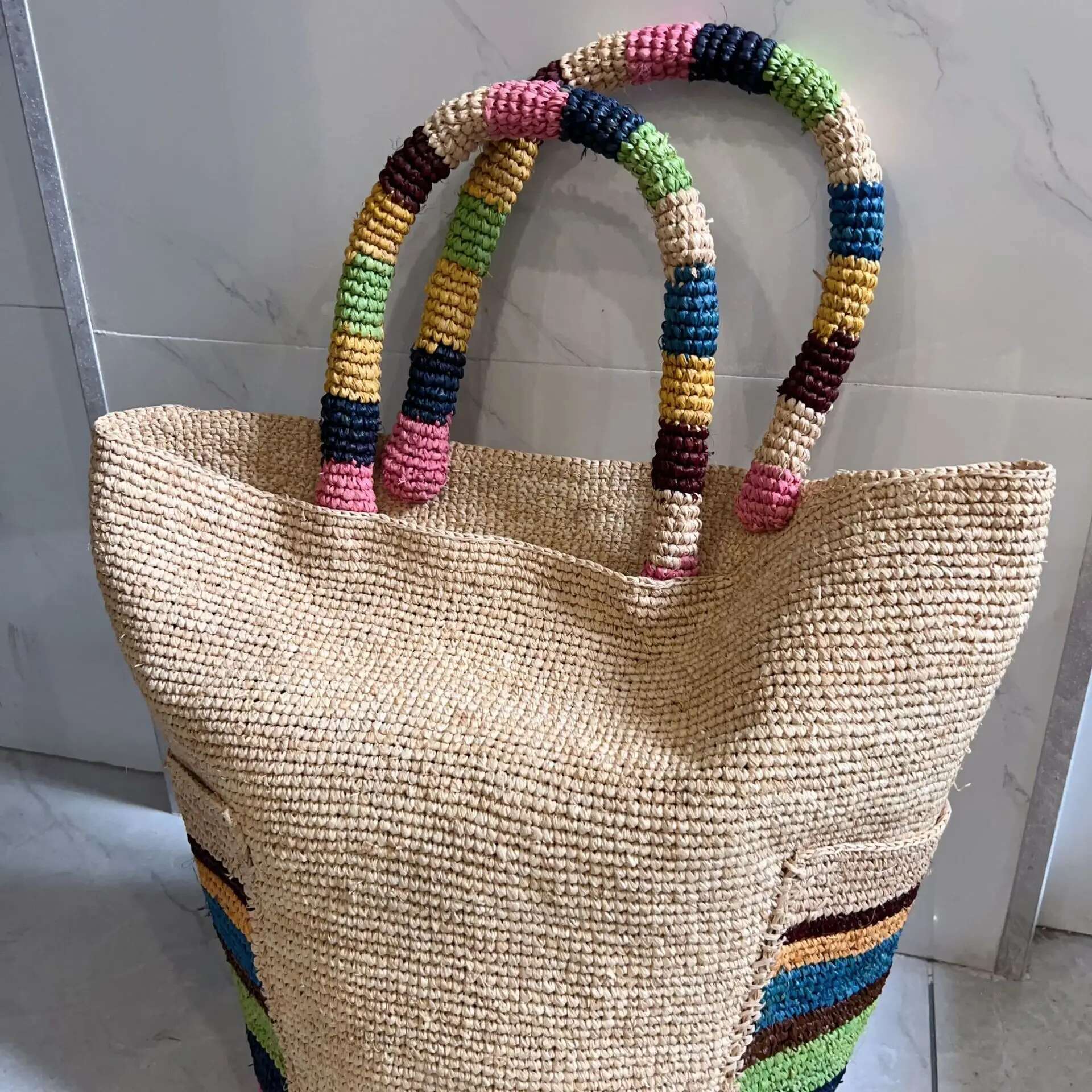 Summer Color Strip Straw Handmade Woven Rattan For Women Handbag NEW Raffia Beach Shoulder Bag Shopper Bucket Bags Tote