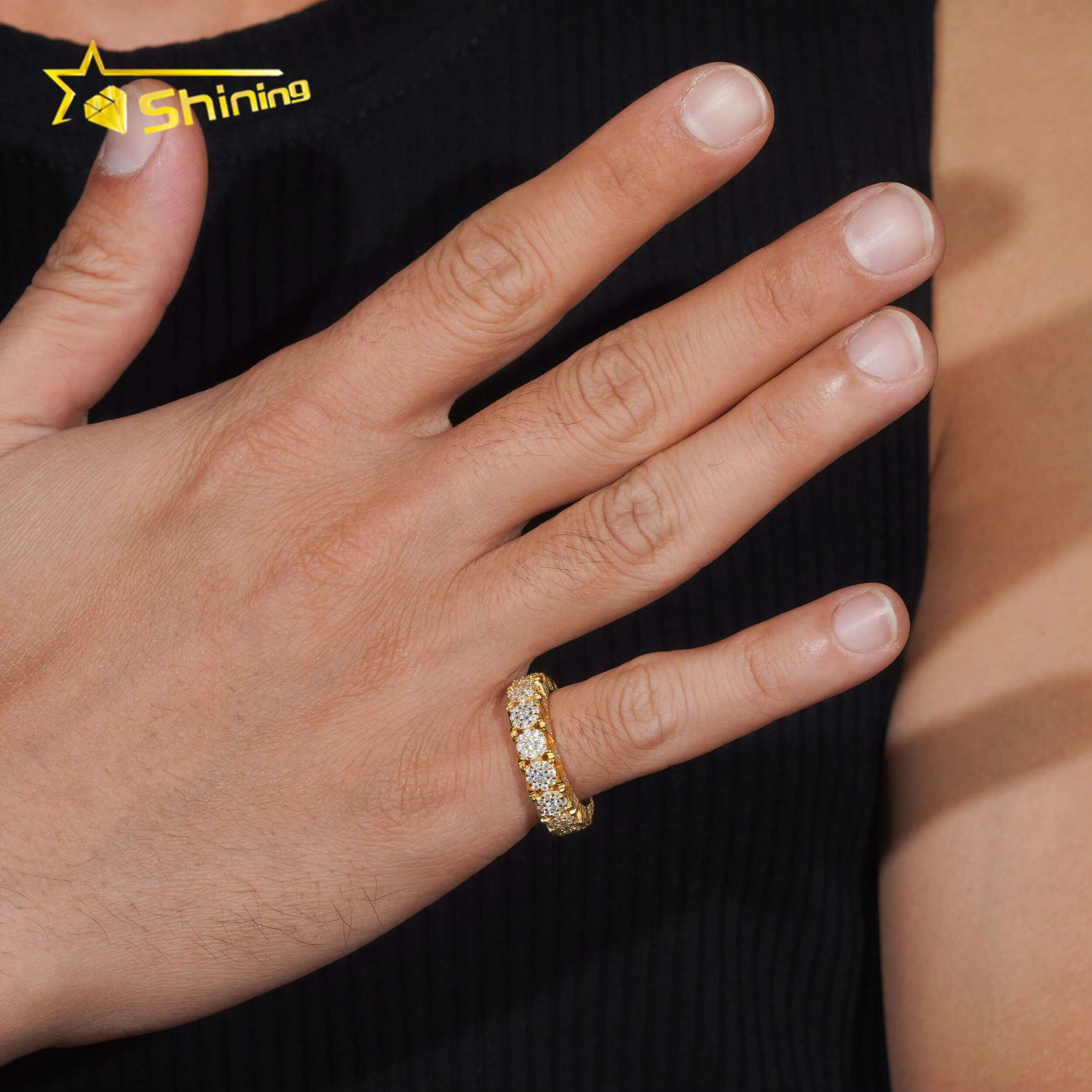 New Design Flower Setting 925 Sterling Silver Gold Plated Iced Out Moissnaite Pass Diamond Tester Hip Hop Mens Rings