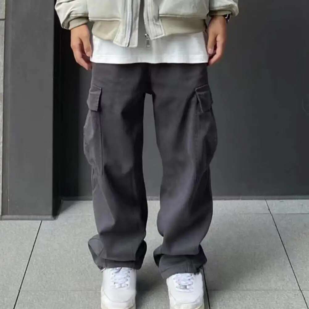 Cargo Pants Retro Solid Color Elastic Waist Wide Leg Multi Pockets Men Straight Deep Crotch Male Long Trousers
