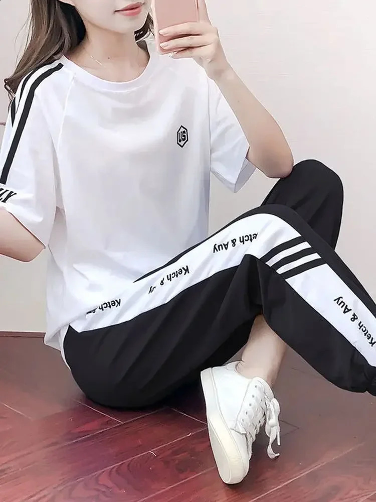 Badypczd Sports Suit s Summer Short-sleeved Top Fashion Running Pants Casual Fitness Clothes Two-piece Gym Suit 250411
