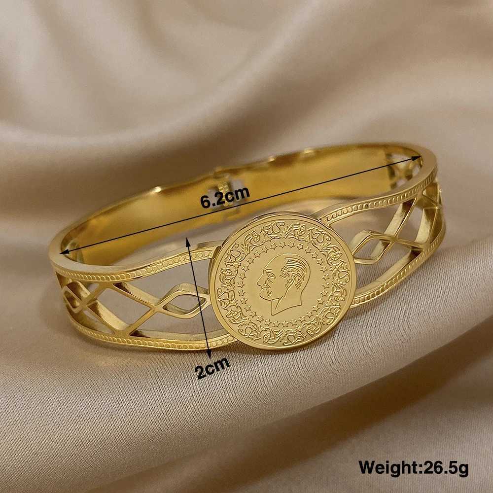 Vintage Coin Gold Plated Stainless Steel Bracelets Irregular Hollow Geometric Wide Cuff Bangle Bracelet Waterproof JewelryC250411