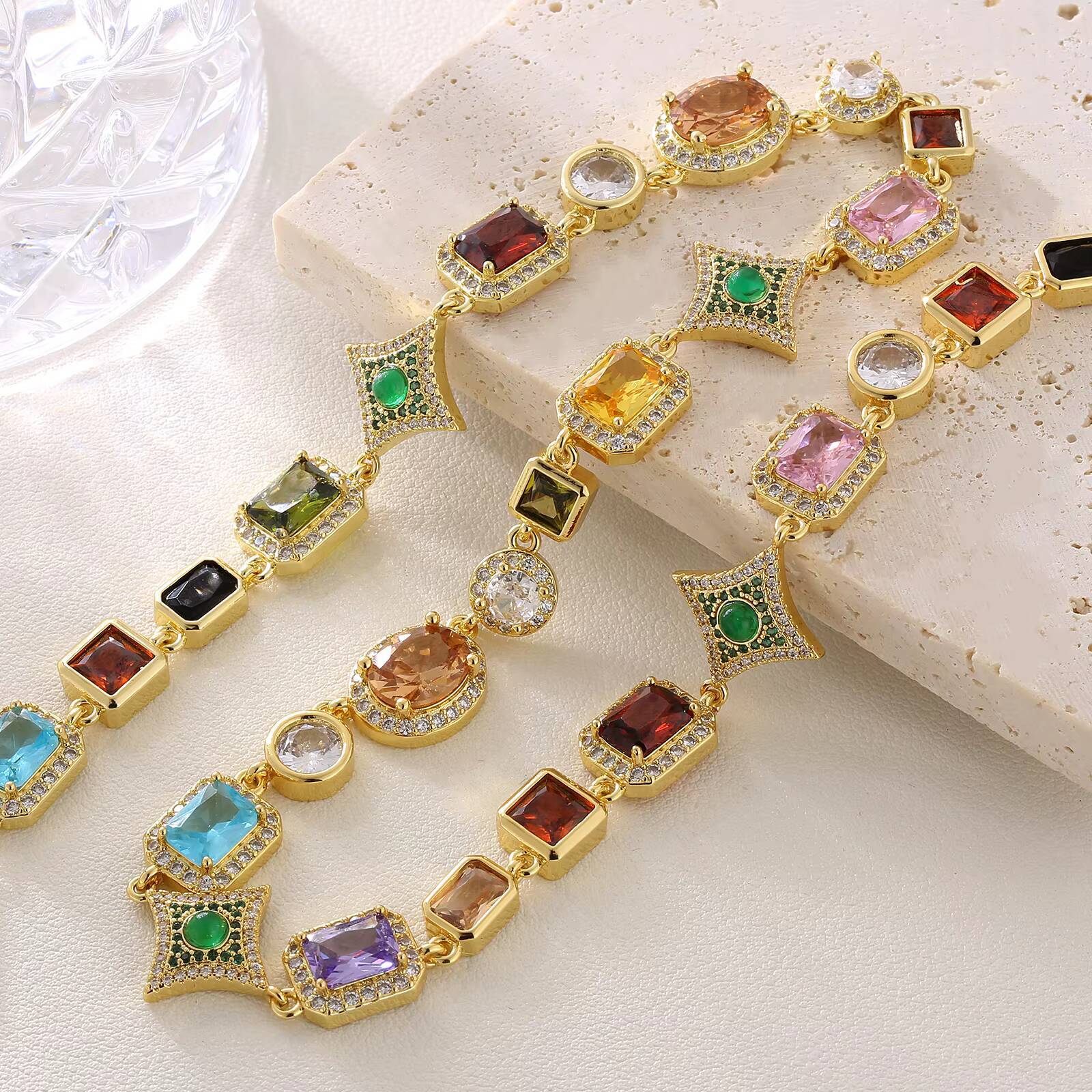 New Arrival 10mm Colorful Gemstone Chain Men Star Jewelry Women 18K Gold Plated Colored Zircon Geometry Motif Link Necklace