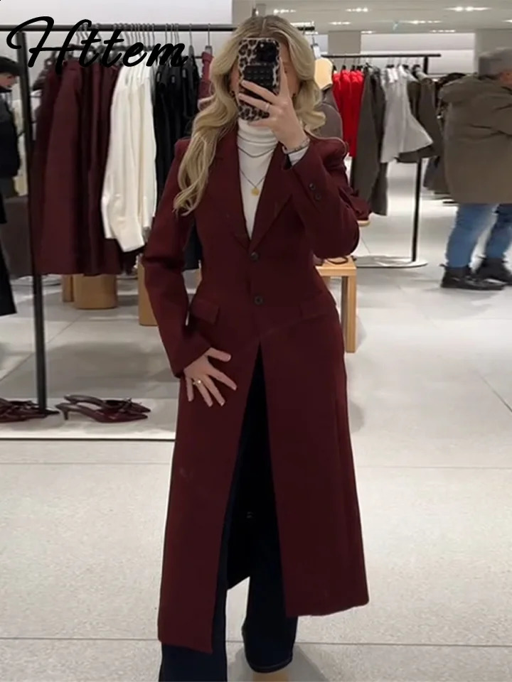 Burgundy Red Long Suit Coat Women Lapel One Button Full Sleeve Pocket Female Blazer 2025 Spring Autumn Lady Office Outwear 250409