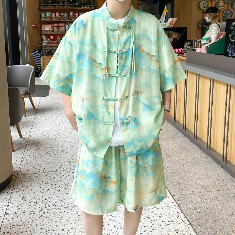 Chinese Style Casual Sets Men Summer Loose Set Short Shirts Shorts Plus Size 5XL Men Fashion Print Tracksuits Mens Clothing 250407