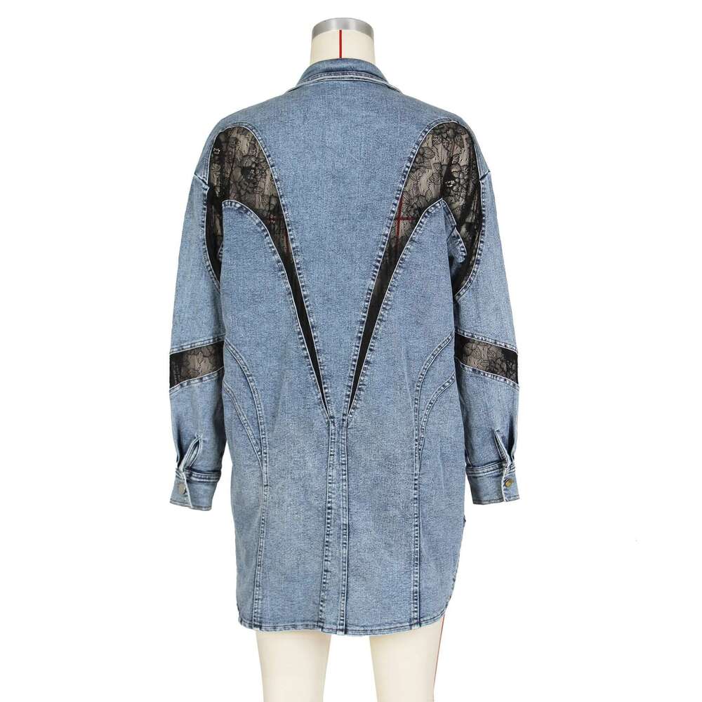 Streetwear Oversized Denim Long Shirt Coat For Women 2024 Autumn Spring Fashion Lapel Asymmetrical Lace Patchwork Casual Jackets
