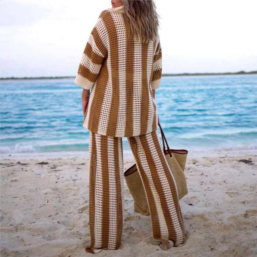 Women Hollow Knit Lapel Long-sleeve Suit Summer Striped Color Matching Loose Casual Knitted Wide Leg Pants 2piece Set Female 250411