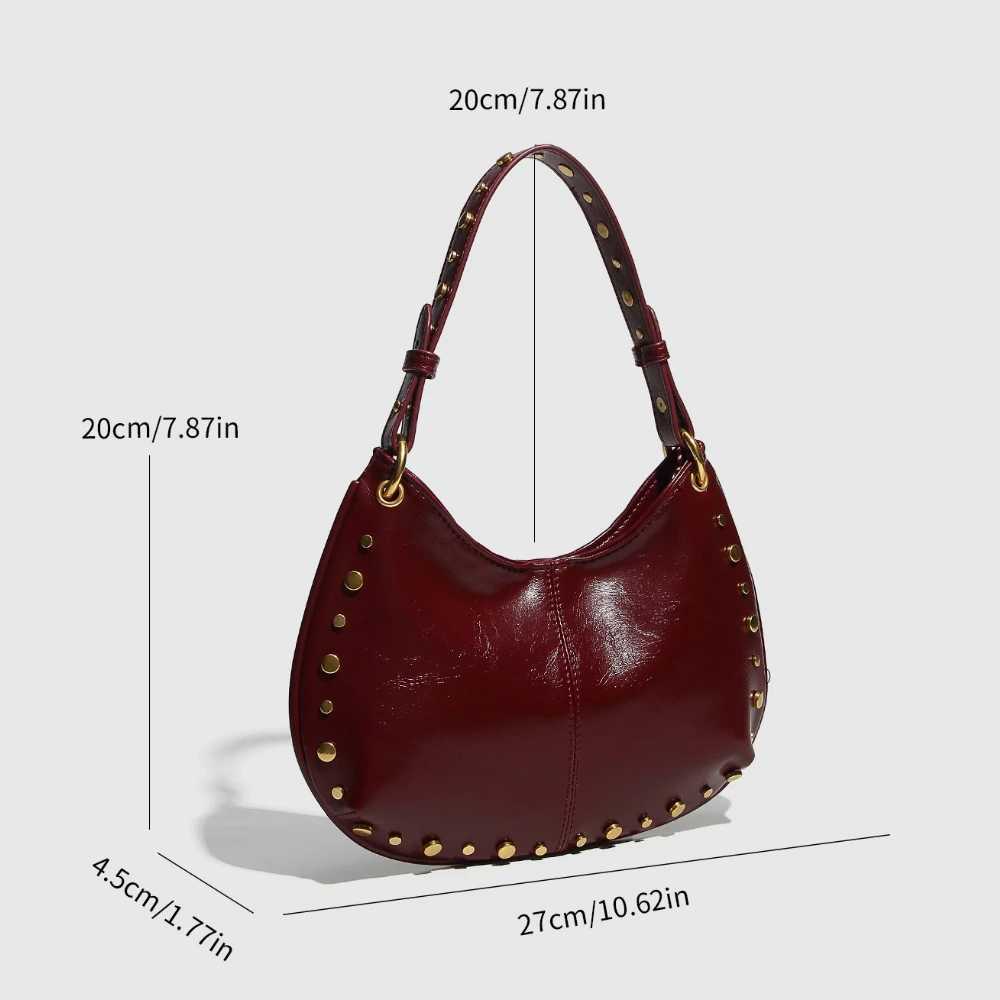 Fashion 2025 Underarm Bag New Trendy Riveted Chain Saddle Bag Wine Red Black Single Shoulder Handbag for WomenT2511112