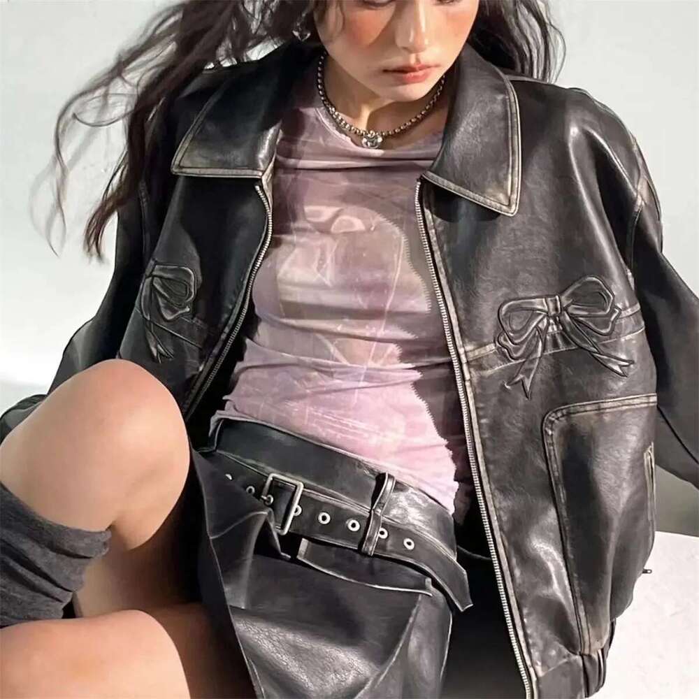 Designer Clothes Women Vintage Lapel Collar Jackets Haruku Bow Zipper Pu Overcoat Female Casual Tops Winter Autumn Streetwear Chic Y2k Clothes