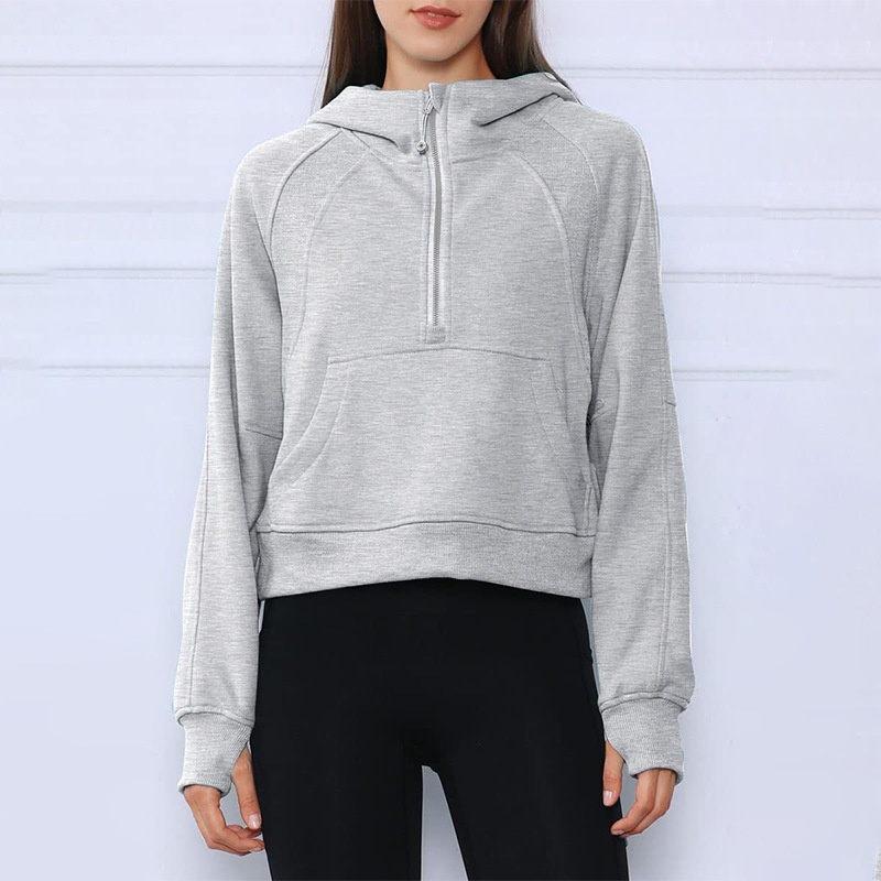New Women's Lemens- Sports Half Zipper Hoodie Yoga Suit Jacket Female Loose Gym Jacket Fitness Short Plush Hoodie Pullover