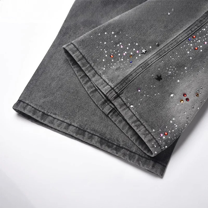 PFNW Street Washed Heat-melting Rhinestone n Retro Denim Shorts Mens 2025 Summer Chic Grey Straight Knee Length Pants 250411
