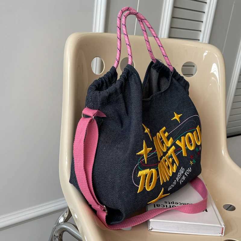 Large capacity embroidered letter crossbody bag for women casual denim cloth bag large capacity canvas tote bagC250412