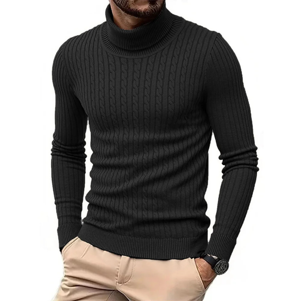 Autumn Winter Mens Turtleneck Sweater Warm Slim Fit Knitted Pullover Jacquard Striped Cozy Soft Knitwear Basic Style 251105